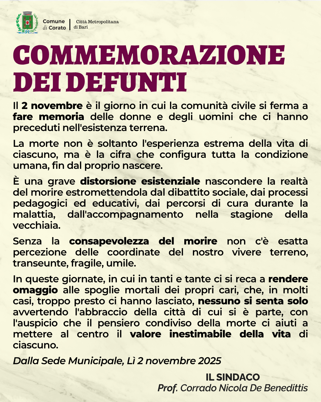 2 novembre 2025 - Messaggio del Sindaco